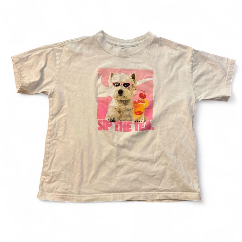 Nike Sip The Tea Dog Bubble Tea White Graphic T-Shirt Women Medium